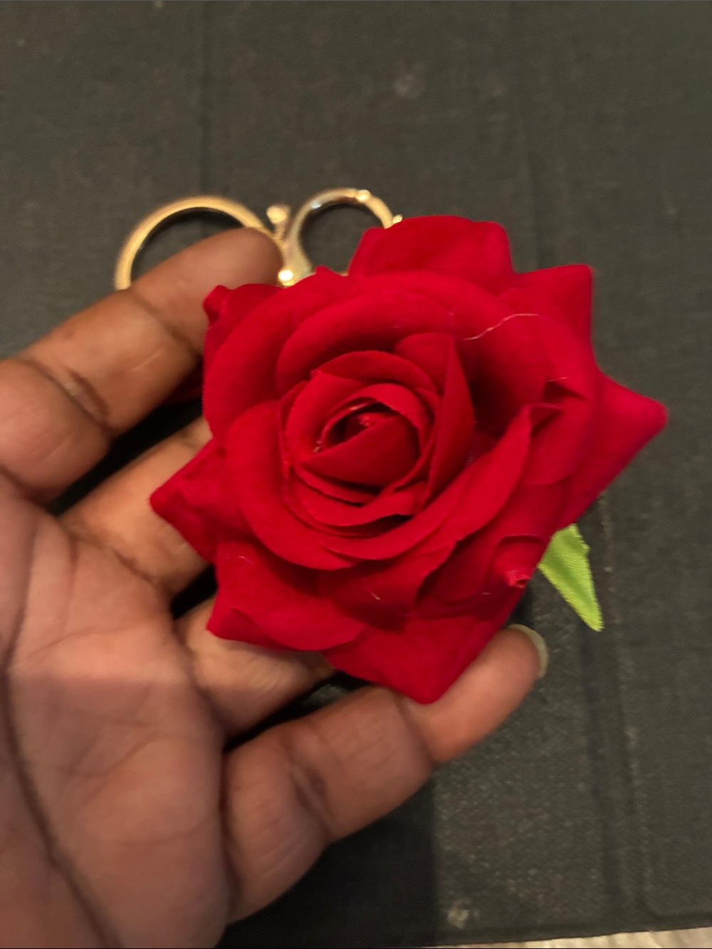 Red Rose Keychain with Gold Hardware and Pearl Accent - Picture 2 of 4